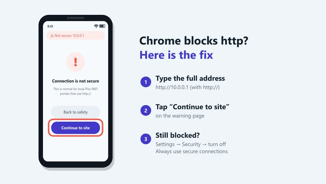 Chrome not secure warning on 10.0.0.1 with Continue to site button